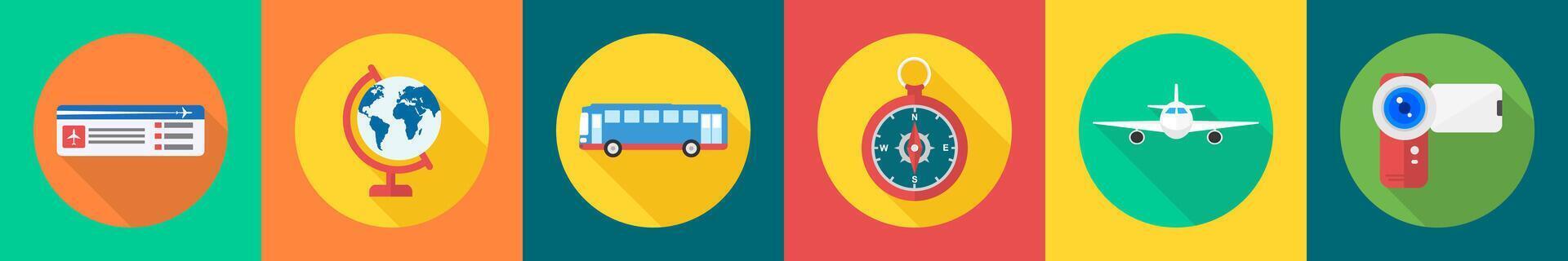 A set of 6 travel icons as plane ticket, globe, camping van vector