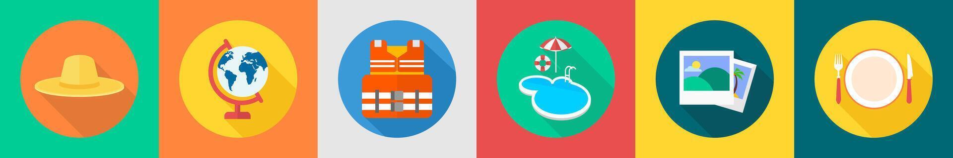 A set of 6 travel icons as hat, globe, life jacket vector