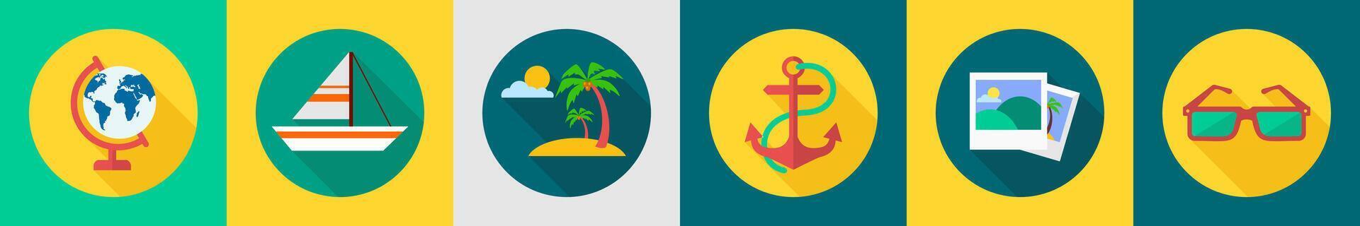A set of 6 travel icons as globe, boat, beach vector