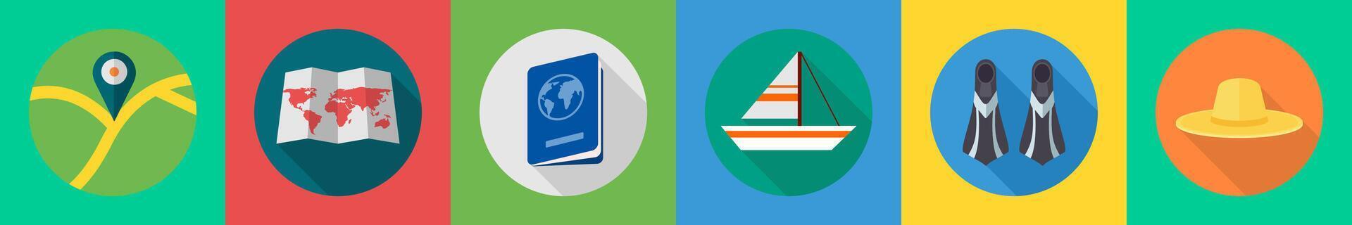A set of 6 travel icons as location, map, passport vector