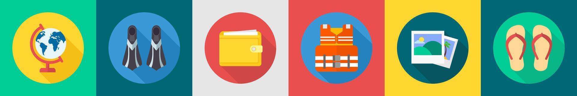 A set of 6 travel icons as globe, swim fins, wallet vector