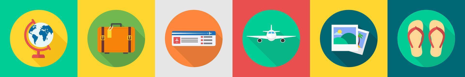 A set of 6 travel icons as globe, suitcase, plane ticket vector