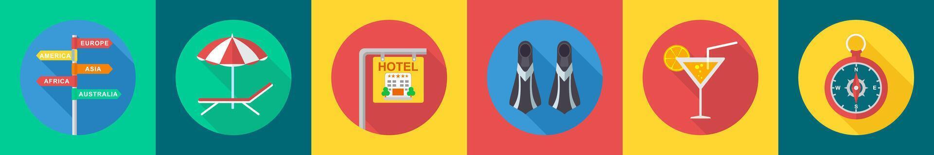 A set of 6 travel icons as directions, beach, hotel board vector