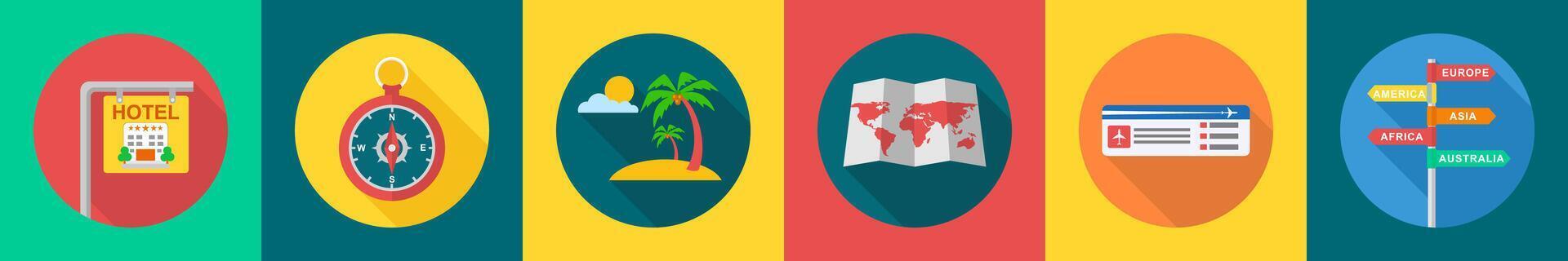 A set of 6 travel icons as hotel board, compass, beach vector