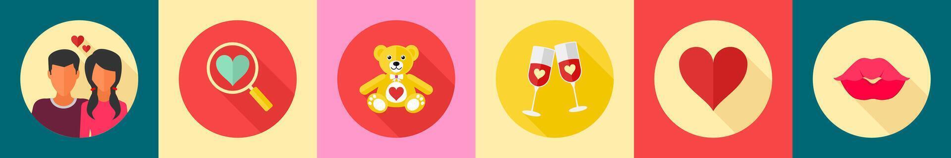 A set of 6 Valentine icons as romantic couple, heart search, teddy bear vector