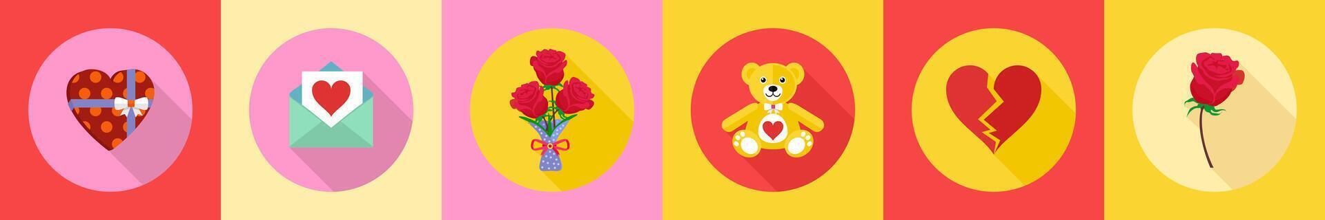 A set of 6 Valentine icons as romantic gift, love letter, bouquet vector