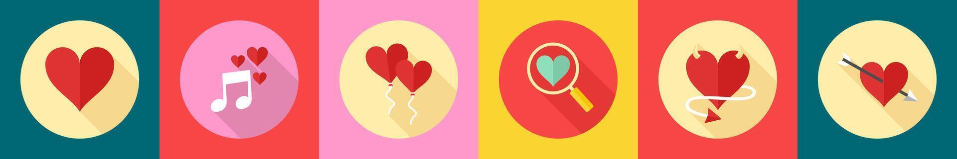 A set of 6 Valentine icons as heart, romantic music, heart balloon vector