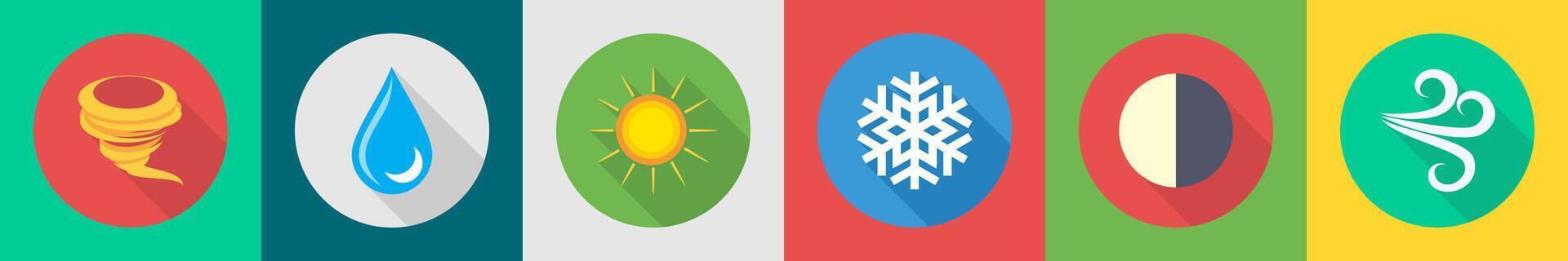 A set of 6 Weather icons as thunderstorm, rain drop, sun vector