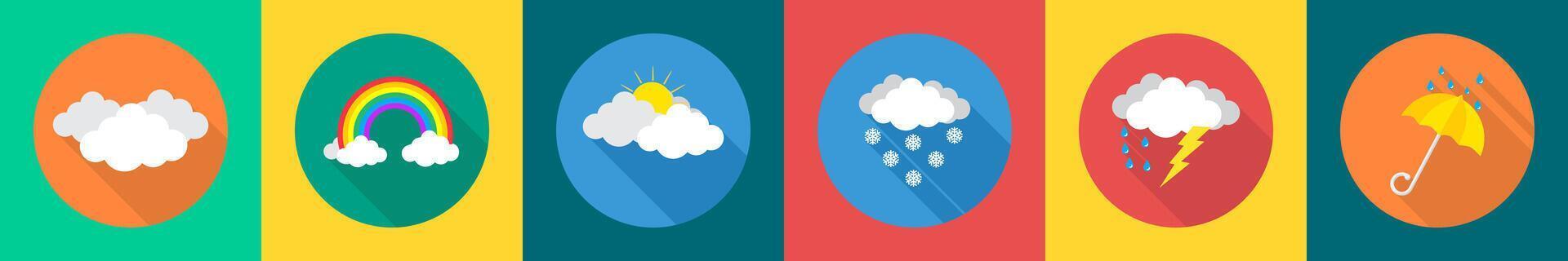 A set of 6 Weather icons as clouds, rainbow, sunny day vector
