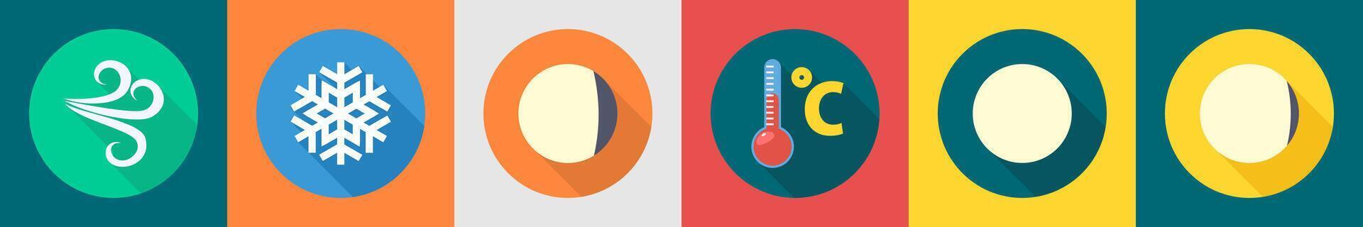 A set of 6 Weather icons as wind, snowflake, waxing moon vector