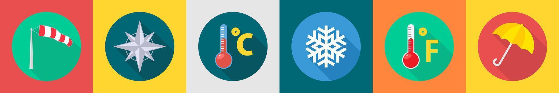 A set of 6 Weather icons as telescope, compass, celsius vector