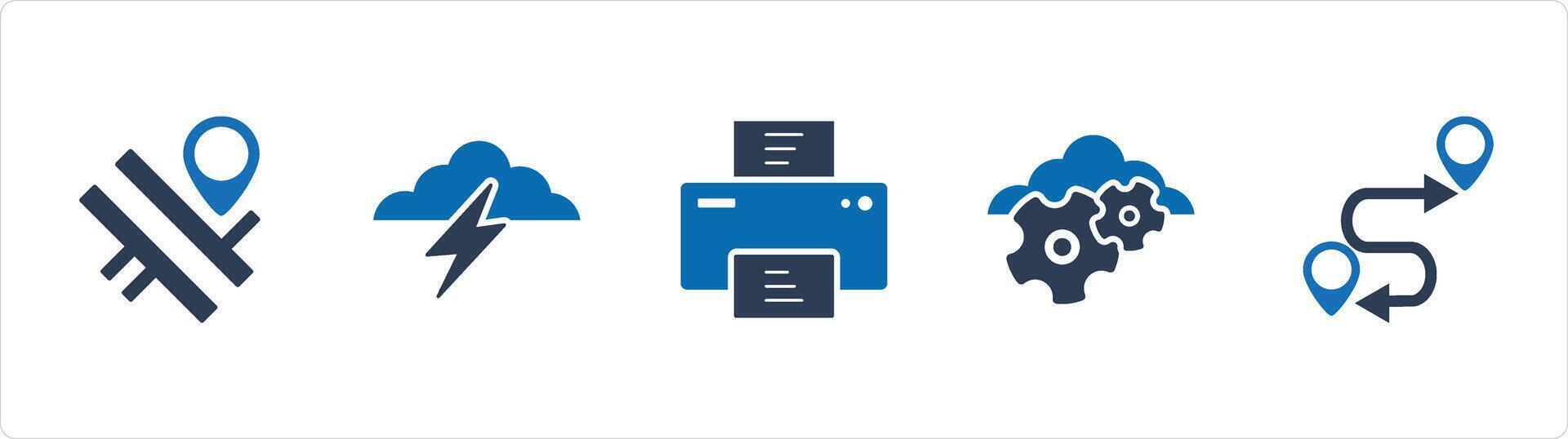 A set of 5 Business icons as road map, cloud lightning, printer vector