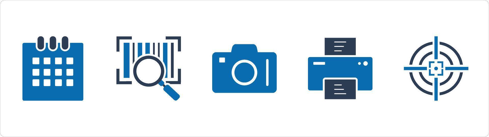 A set of 5 Business icons as calendar, search bar code, dslr vector