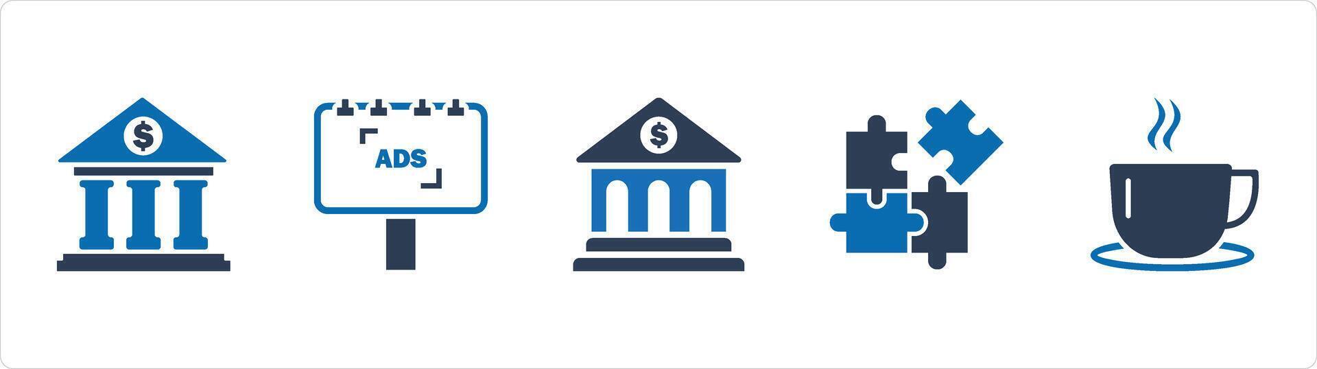 A set of 5 Business icons as bank, ad board, financial institution vector