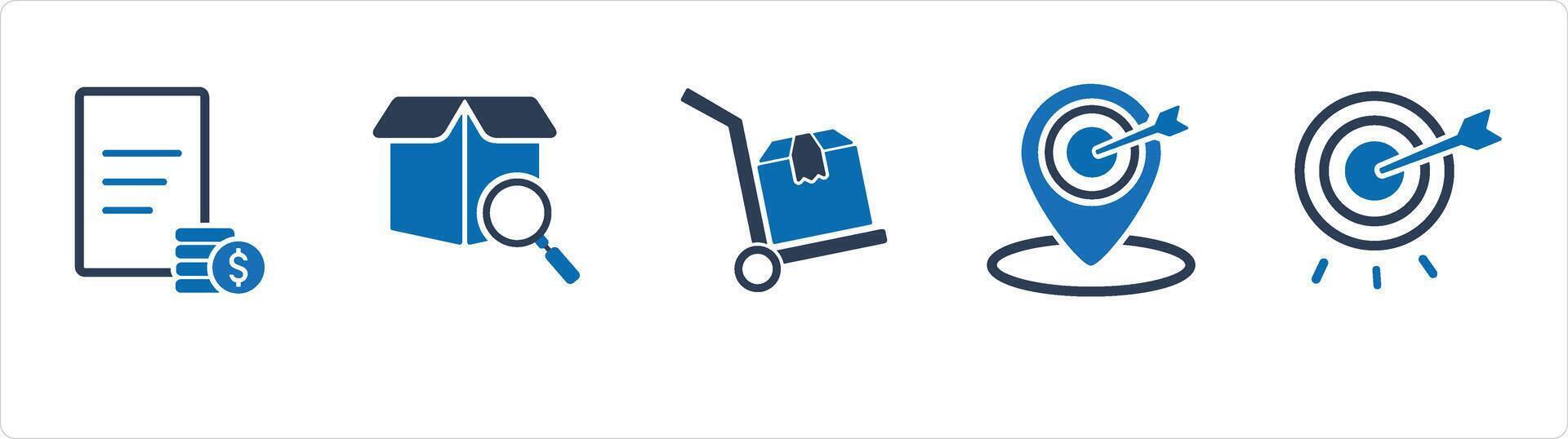 A set of 5 Business icons as invoice, search box, luggage trolley vector