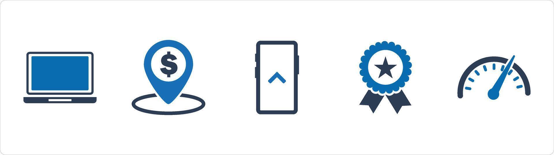 A set of 5 Business icons as laptop, bank location, swipe up vector
