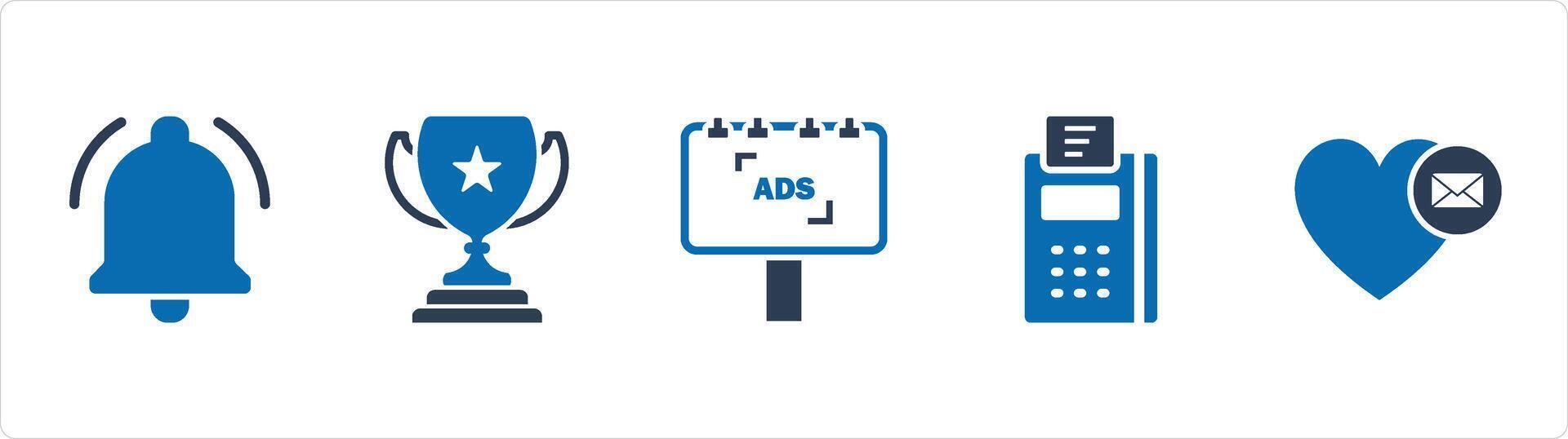 A set of 5 Business icons as notification, trophy cup, ad board vector