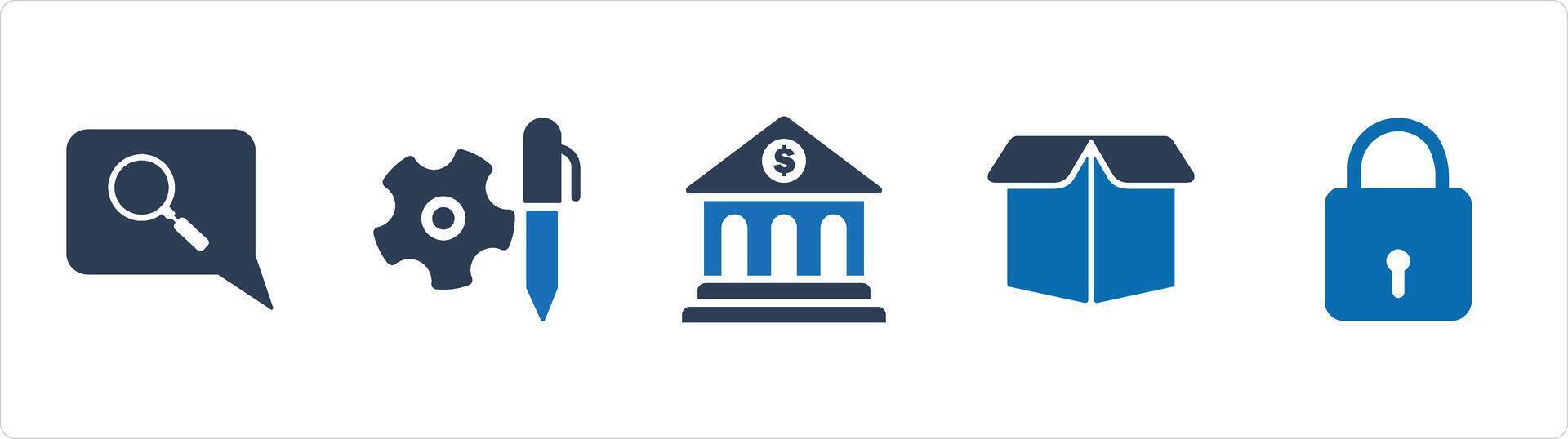 A set of 5 Business icons as search message, edit settings, financial institution vector