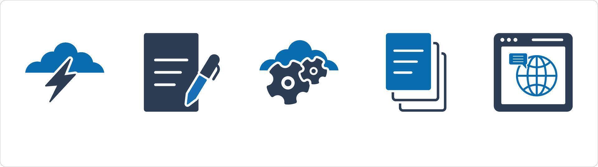 A set of 5 Business icons as cloud lightning, writing, cloud settings, duplicate copy vector