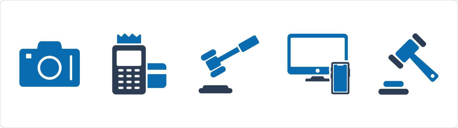 A set of 5 Business icons as dslr, card swipe machine, law vector