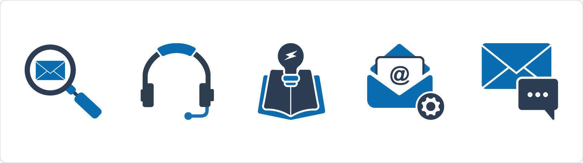 A set of 5 Business icons as search mail, headphone, education idea vector