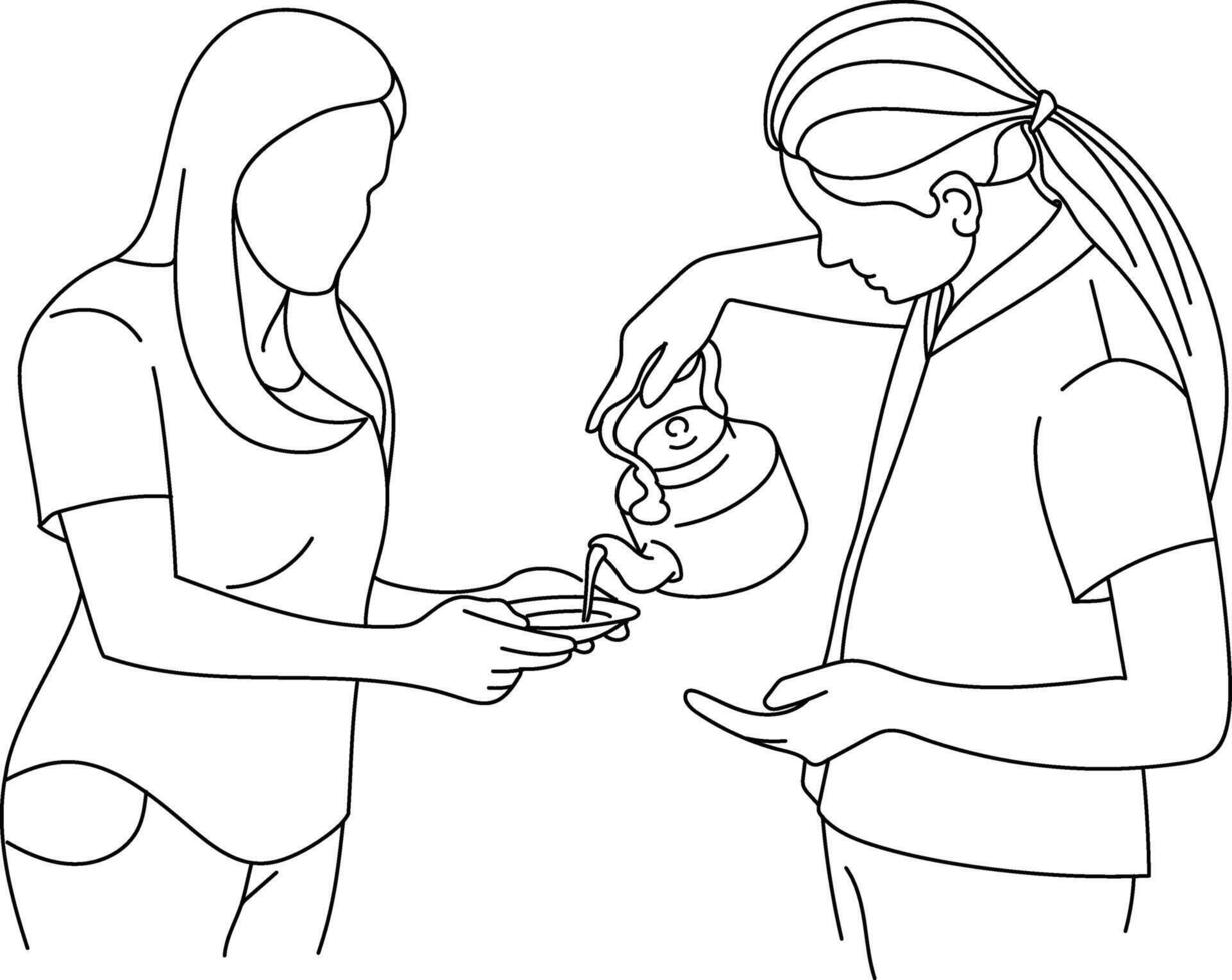 woman serving tea. Hand drawn in thin line style vector