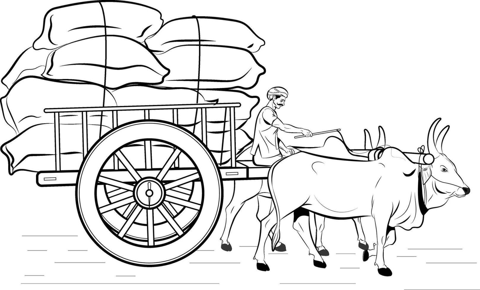 Indian Bullock Cart, farmer riding a bullock cart Indian village, Hand drawn in thin line style vector