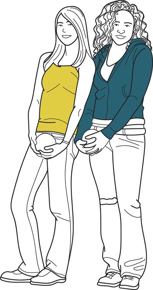 Girl friends holding ball in hand, hand drawn in thin line style vector