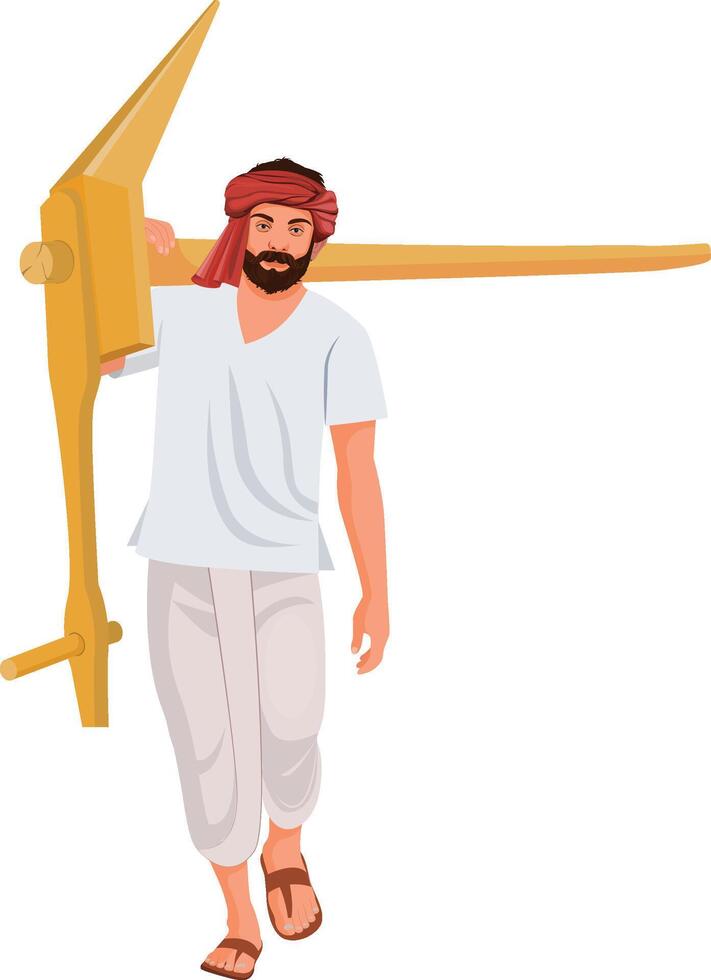 Indian Farmer carrying wood plough vector