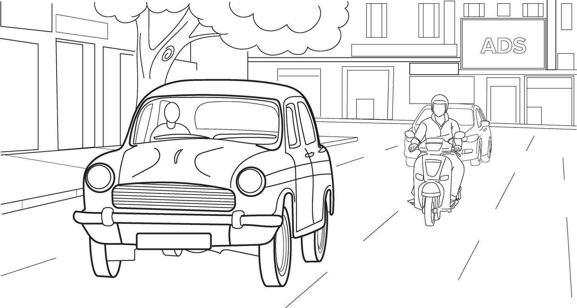 Car On Street, hand drawn in thin line style vector