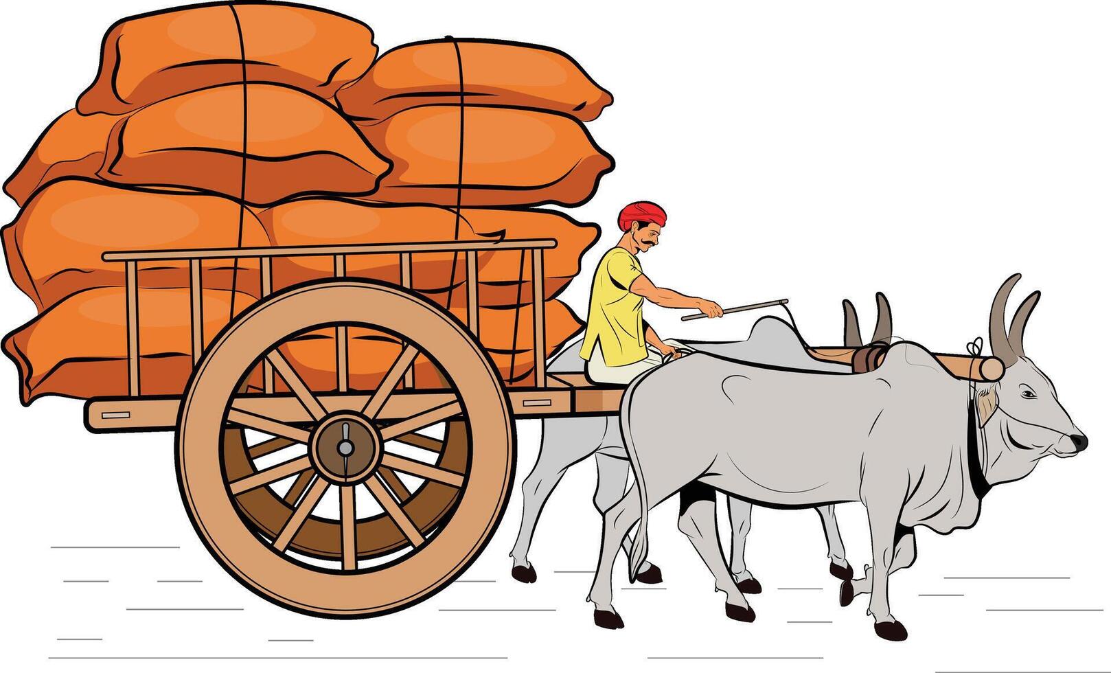 Indian Bullock Cart with crops, Indian Bullock Cart, farmer riding a bullock cart Indian village, Hand drawn in thin line style vector