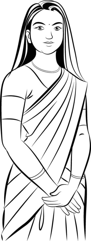 Indian Girl in traditional outfit, Hand drawn in thin line style vector