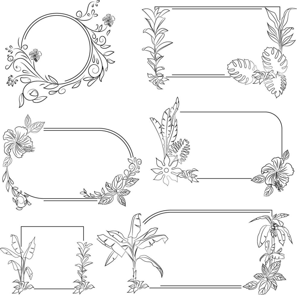 Floral frames with flowers branch and leaves, Hand drawn in thin line style vector