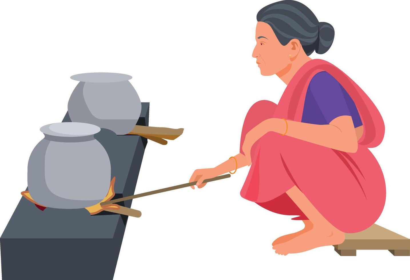 Indian village woman cooking food with traditional way of baking chapati on wood fire vector