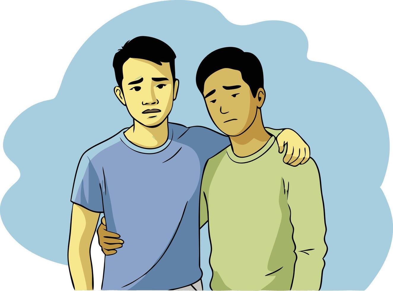 Two Young Men Comfort Each Other in a Supportive Moment of Empathy vector