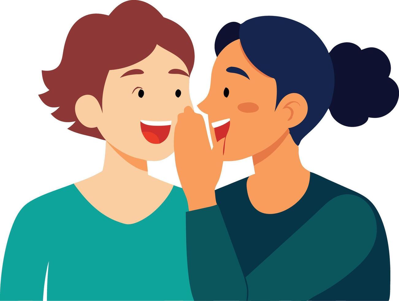 Two women share a secret, one laughing joyfully while they whisper to each other, capturing a moment of friendship. vector