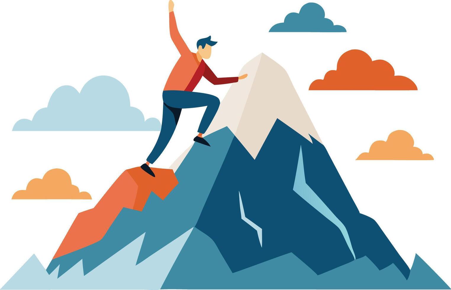 Person Climbing Rocky Mountain Peak Under Colorful Clouds vector