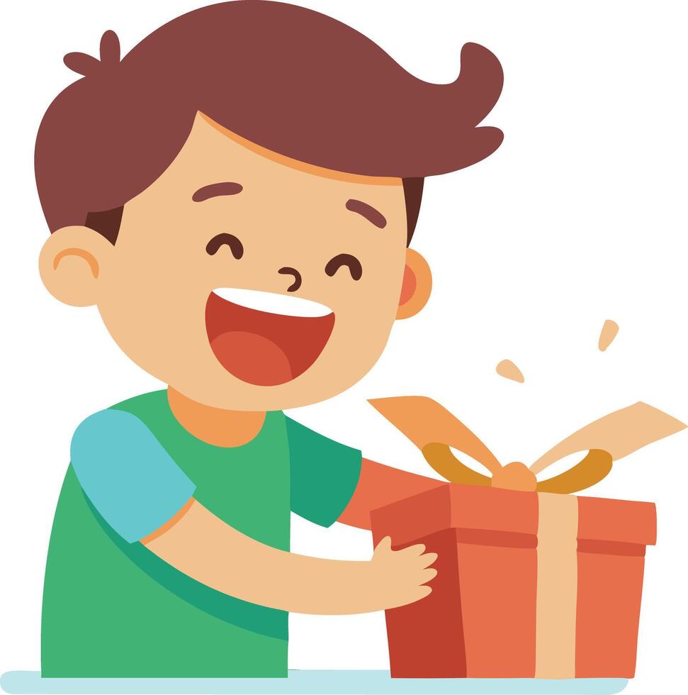 Young Boy Excitedly Opening a Gift Box With Joyful Expression vector