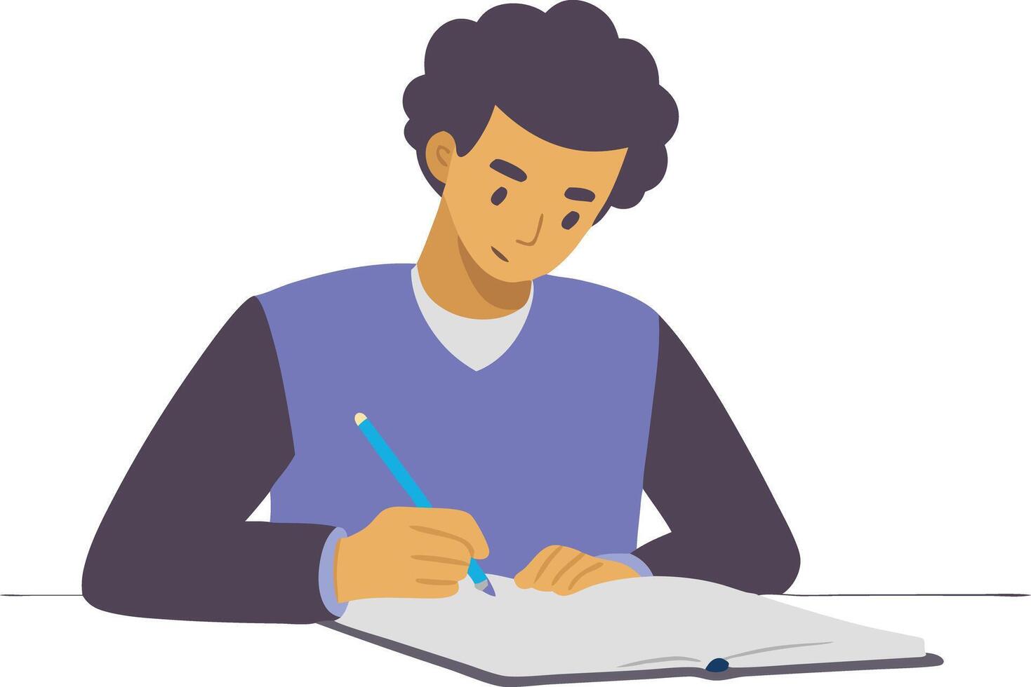 Young Man Engaged in Thoughtful Writing Activity at a Desk vector