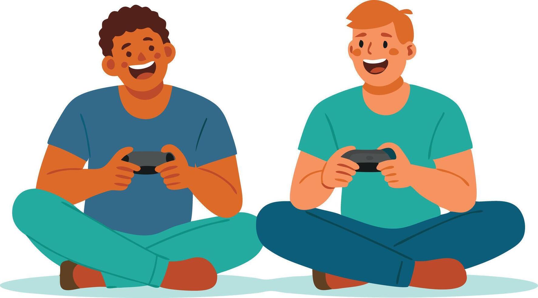 Two Friends Enjoying Competitive Gaming Together vector