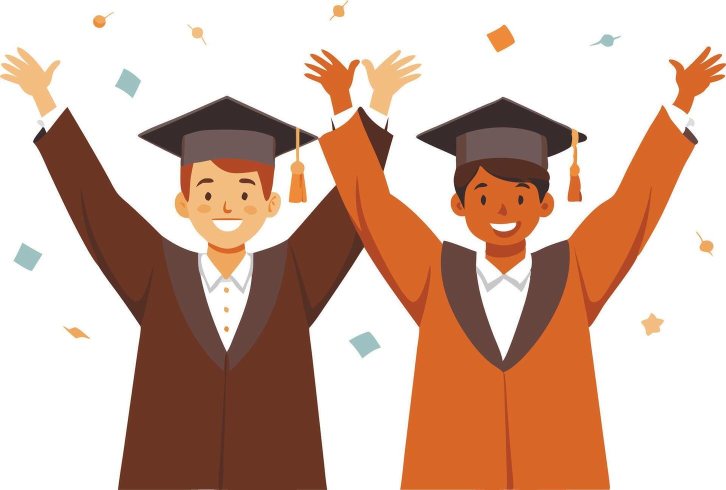 CeleTwo Students in Caps and Gowns Excitedly Raising Their Arms in Joyful Anticipation of Future Endeavors vector