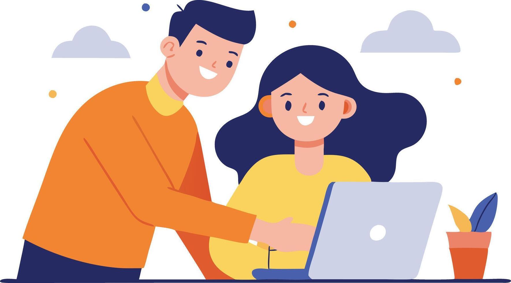 Two Friends Collaborating on a Laptop vector