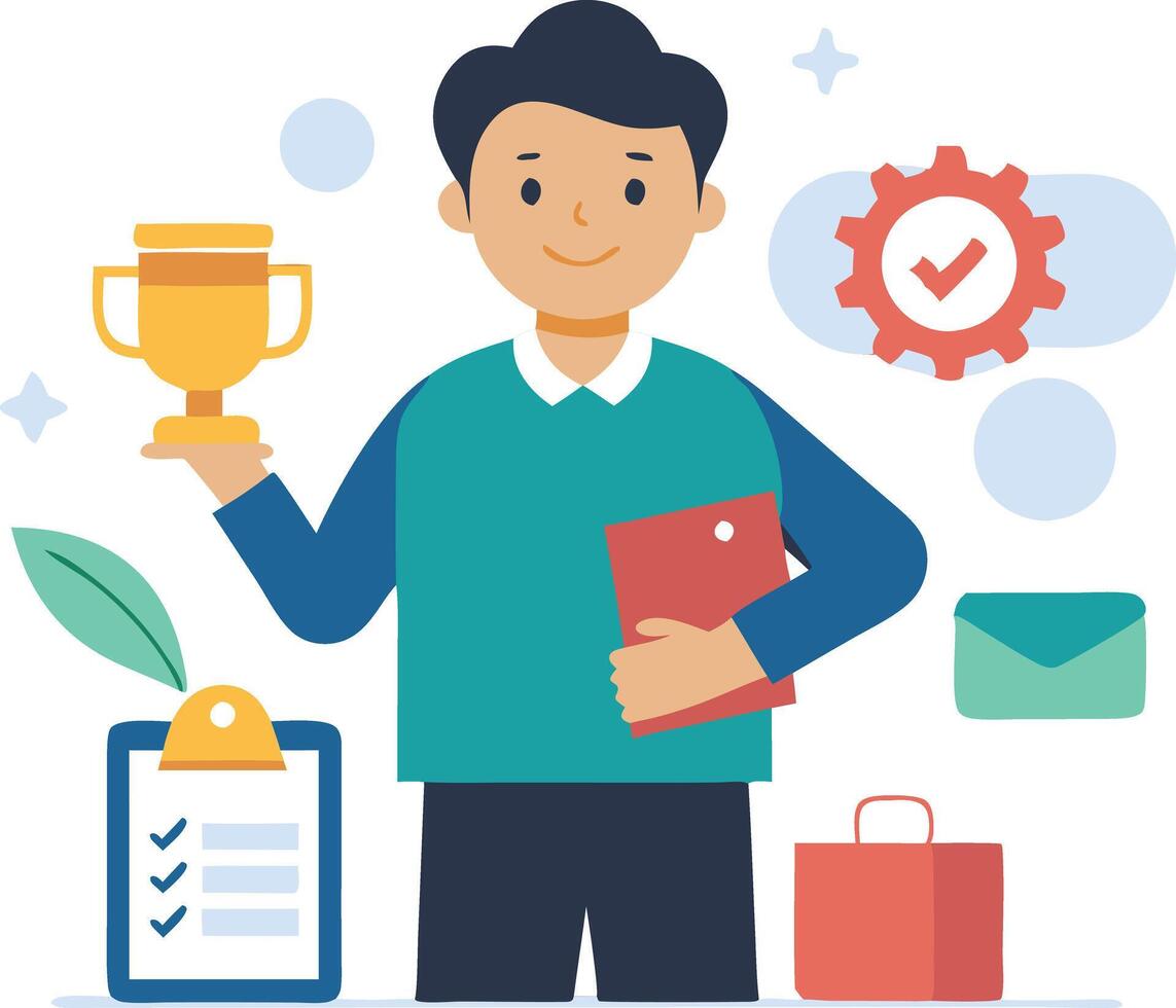 Professional Man Celebrating Achievement With Trophy and Checklist in Creative vector