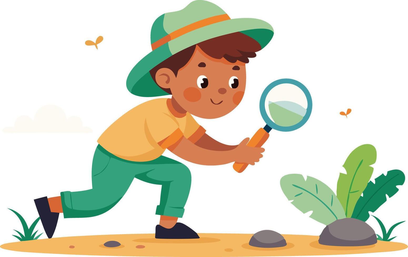 Young Explorer Using Magnifying Glass to Discover Nature vector