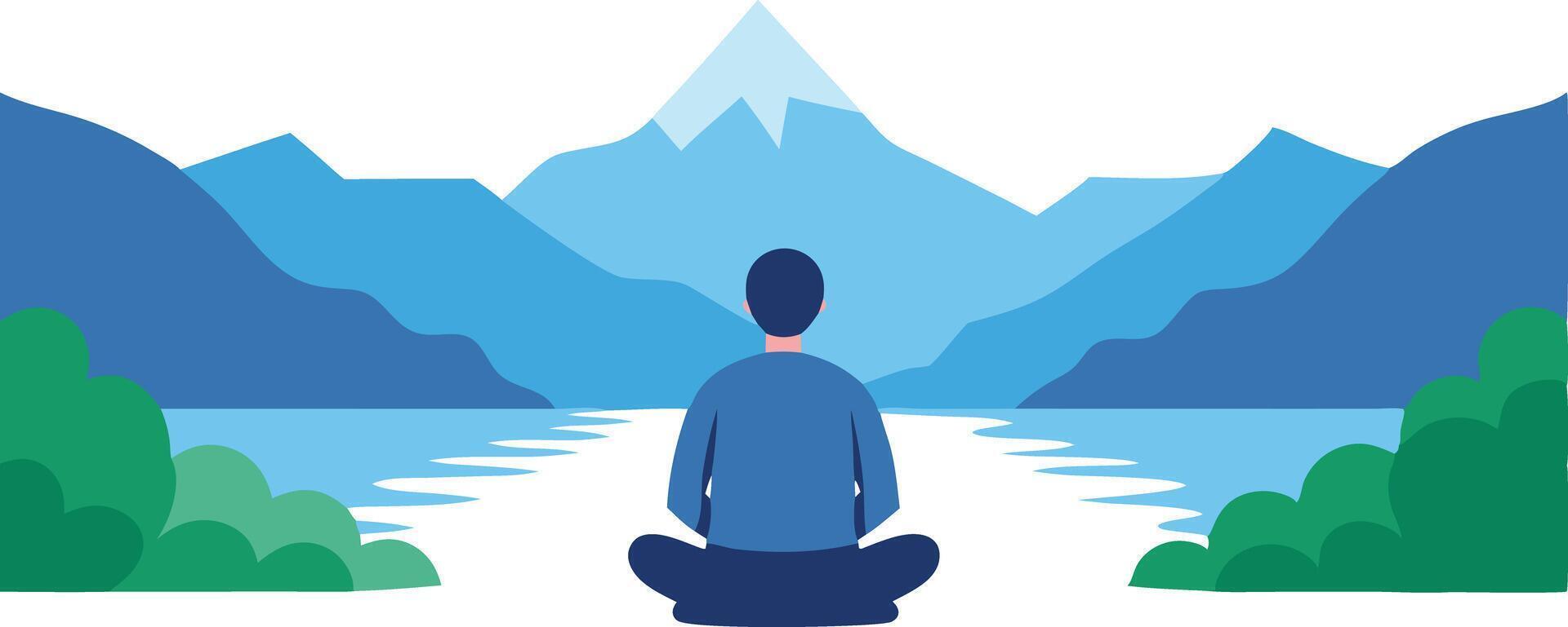 Tranquil Scene of a Person Meditating by a Serene Lake Surrounded by Majestic Mountains vector