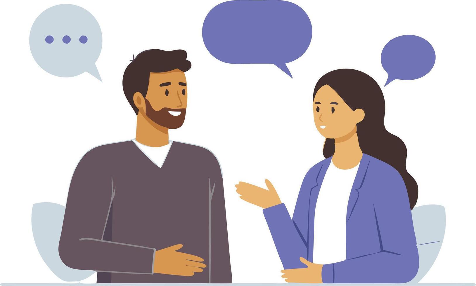 A man and woman conversing with speech bubbles above their heads. vector