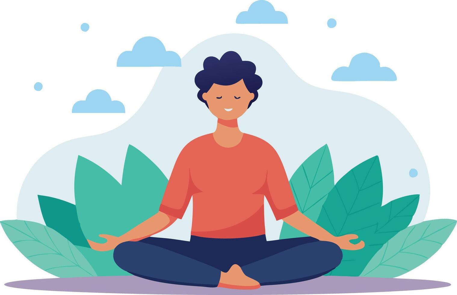 Serene Individual Practicing Mindfulness Meditation Surrounded By Lush Greenery vector