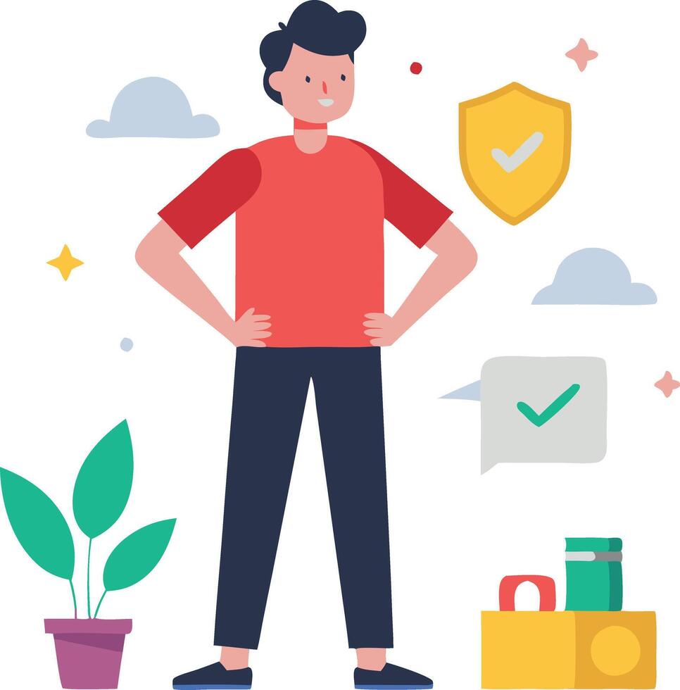 Cheerful Young Man Standing Confidently With Plants and Shields in a Vibrant Illustration vector