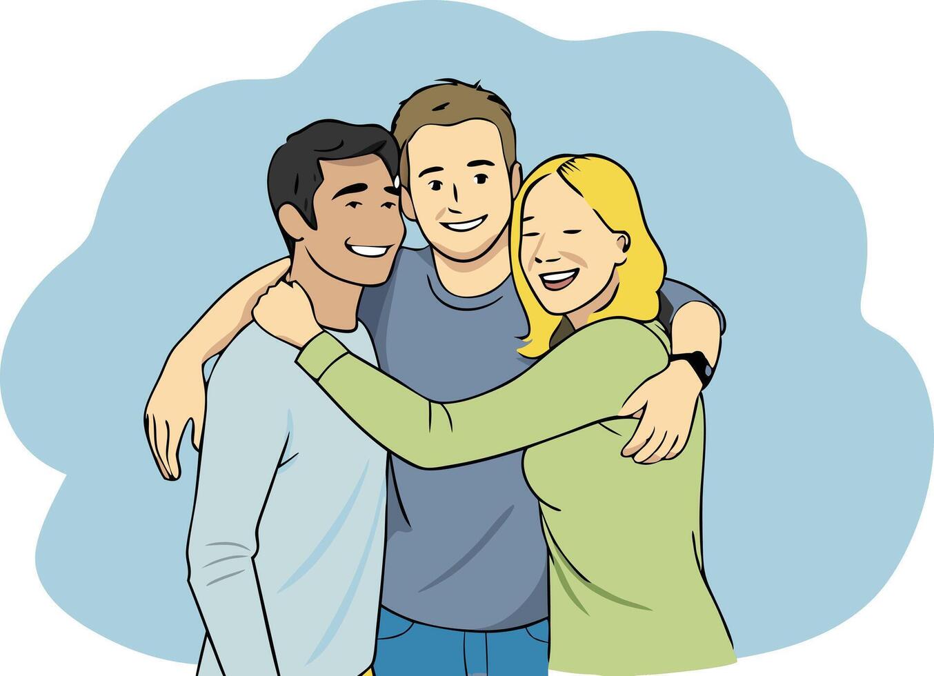 Three Friends Smiling and Embracing Each Other vector