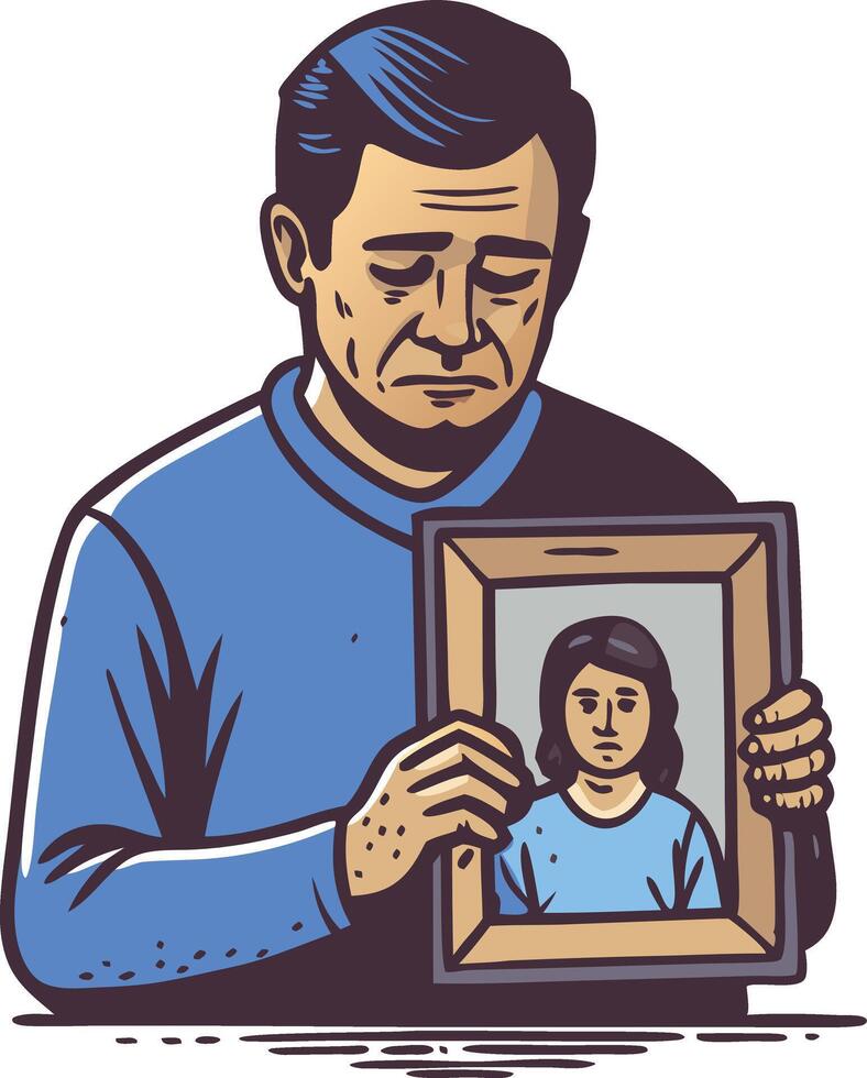 Emotionally Charged Illustration of a Man Holding a Picture of a Girl in a Thoughtful Moment vector